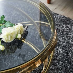 Moderner Design Couchtisch Vivien in Goldfarben mit grauer Glasplatte – Ansicht 3