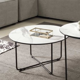 Wohnzimmer Tisch Surie mit Glasplatte in Marmor Optik und Bügelgestell – Ansicht 3