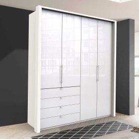 Design Schlafzimmerschrank Grinzia mit Falttüren in Weiß Glas beschichtet – Ansicht 2