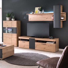 Wohnzimmer Anbauwand Lucisa in Eiche Optik und Anthrazit 310 cm breit (dreiteilig) – Ansicht 3