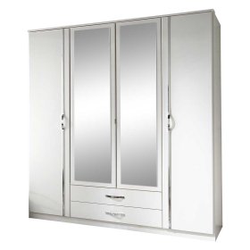 Weißer Schlafzimmerschrank Alkatar mit Spiegeltüren und zwei Schubladen – Ansicht 1