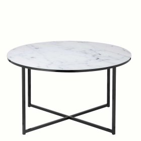 Runder Sofa Tisch Nexter in Weiß marmoriert und Schwarz mit Glasplatte – Ansicht 2