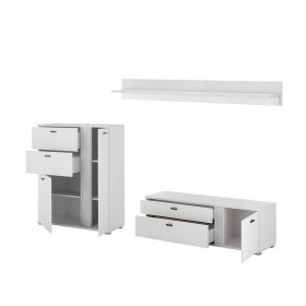 Weiße Design Wohnwand Constantin mit LED Beleuchtung 125 cm hoch (dreiteilig) – Ansicht 1