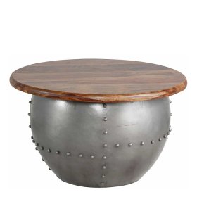 Industriedesign Couchtisch Umbrosin in Trommelform aus Mangobaum und Metall – Ansicht 1