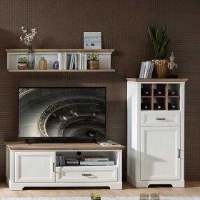 Fernseher Schrankwand Vronata in Weiß und Eichefarben im Landhausstil (dreiteilig) – Ansicht 1