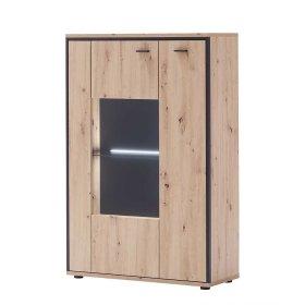 Wohnzimmer Highboard Geronda in Eiche Optik und Anthrazit mit Glas – Ansicht 1
