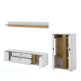 Wohnzimmer Anbauwand Luzillo in Wildeichefarben und Weiß (dreiteilig) – Ansicht 1