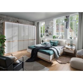 Schlafzimmer Set Privira in Eiche Bianco und Beige mit LED Beleuchtung (vierteilig) – Ansicht 1