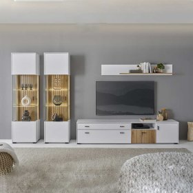 Wohnzimmer Wohnwand Saladd in Wildeichefarben und Weiß (vierteilig) – Ansicht 2