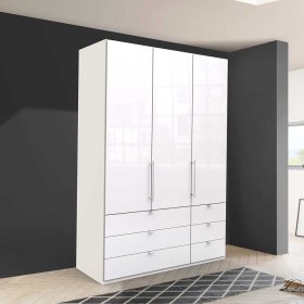 Weißer Schlafraumschrank Grinzia glasbeschichtet mit Falttüren und Schubladen – Ansicht 3