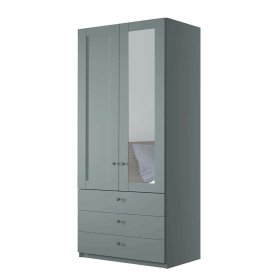 Graugrüner Schlafzimmerschrank Forjan mit Spiegeltür rechts und drei Schubladen – Ansicht 1