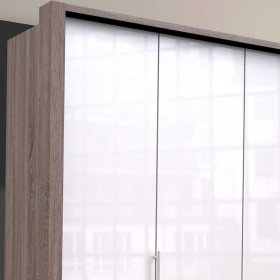 Gleittürenschrank Yunidra in Weiß und Eiche Trüffelfarben glasbeschichtet – Ansicht 5