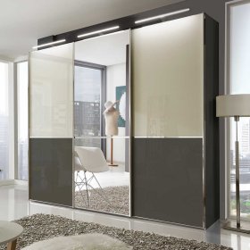 Schwebetüren Kleiderschrank Zoika in Creme Weiß und Braun mit Spiegeltür – Ansicht 2