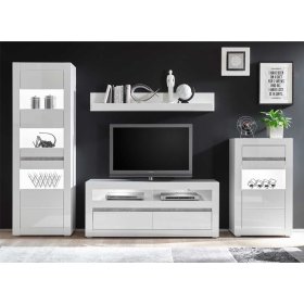 Wohnzimmer Anbauwand Novinza in Weiß Hochglanz und Beton Grau 280 cm (vierteilig) – Ansicht 2