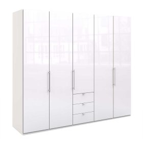 Großer Schlafzimmer Kleiderschrank Grinzia in Weiß mit Falttüren und Schubkästen – Ansicht 1