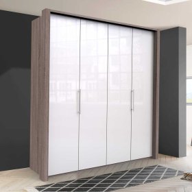 Gleittürenschrank Yunidra in Weiß und Eiche Trüffelfarben glasbeschichtet – Ansicht 2