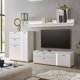 Weiße Design Wohnwand Constantin mit LED Beleuchtung 125 cm hoch (dreiteilig) – Ansicht 2
