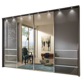 Design Schwebetürenkleiderschrank Magdalina in Braun mit Glas beschichtet – Ansicht 1