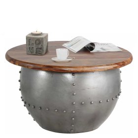 Industriedesign Couchtisch Umbrosin in Trommelform aus Mangobaum und Metall – Ansicht 2