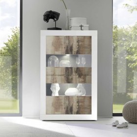 Wohnzimmervitrine Yuelva 102 cm breit in Weiß und Holzoptik verwittert – Ansicht 8