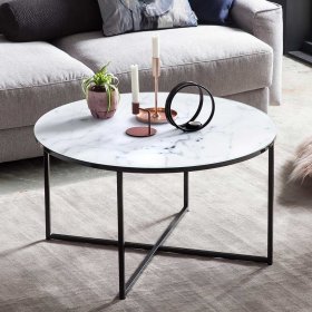 Runder Sofa Tisch Nexter in Weiß marmoriert und Schwarz mit Glasplatte – Ansicht 4