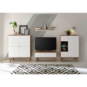 Wohnzimmer Wohnwand Levanca in Weiß und Eichefarben im Skandi Design (vierteilig) – Ansicht 1