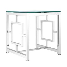 Designtisch Voprium mit Klarglasplatte und poliertem Edelstahlgestell – Ansicht 1