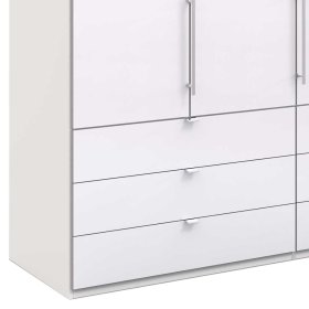 Weißer Schlafraumschrank Grinzia glasbeschichtet mit Falttüren und Schubladen – Ansicht 4