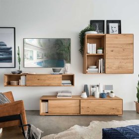 Design Wohnzimmerwand Rennia aus Wildeiche Massivholz geölt (dreiteilig) – Ansicht 1
