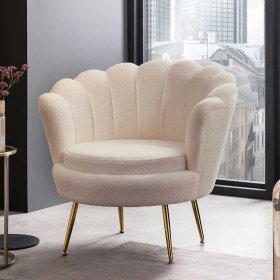 Retrostil Muschelsessel Pocatino in Cremefarben und Gold aus Boucle und Metall – Ansicht 2