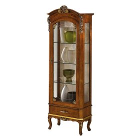 Vitrinenschrank Fiodaria in Nussbaumfarben mit Glasböden und Schublade – Ansicht 1
