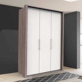 Schlafzimmerkleiderschrank Rarian in Weiß und Eiche Trüffelfarben mit Falttüren – Ansicht 2