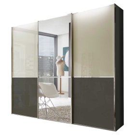 Schwebetüren Kleiderschrank Zoika in Creme Weiß und Braun mit Spiegeltür – Ansicht 1