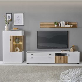 Fernseher Schrankwand modern Saladd in Weiß und Wildeichefarben (dreiteilig) – Ansicht 2