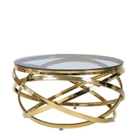 Moderner Design Couchtisch Vivien in Goldfarben mit grauer Glasplatte – Ansicht 1