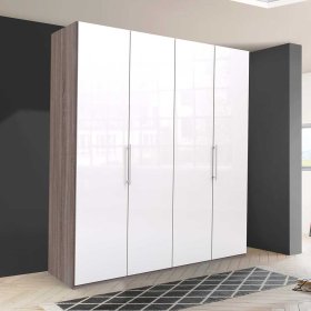 Gleittürenschrank Yunidra in Weiß und Eiche Trüffelfarben glasbeschichtet – Ansicht 3