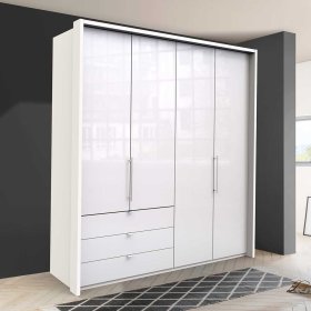 Geräumiger Kleiderschrank Grinzia in Weiß Glas beschichtet mit Falttüren – Ansicht 2