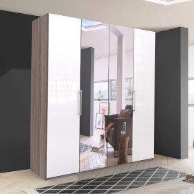 Großer Schlafzimmerschrank Yunidra mit Spiegel und Falttüren – Ansicht 3