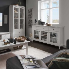 Glastüren Sideboard Brostian aus Kiefer Massivholz in Weiß – Ansicht 3