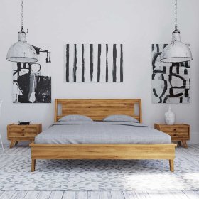 Wildeiche Doppelbett Carilla im Retro Design mit Nachtkommoden (dreiteilig) – Ansicht 1
