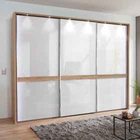 Schwebetürenschrank Normandie in Eiche Bianco und Weiß mit Glas beschichtet – Ansicht 4