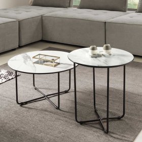 Wohnzimmer Tisch Surie mit Glasplatte in Marmor Optik und Bügelgestell – Ansicht 5