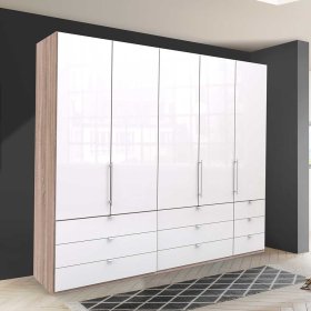 3 türiger Ankleideschrank Andryas in Weiß und Eiche Sägerau mit Schubladen – Ansicht 3