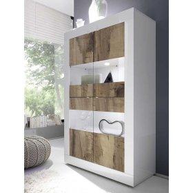 Wohnzimmervitrine Yuelva 102 cm breit in Weiß und Holzoptik verwittert – Ansicht 2