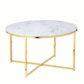 Retro Glas Tisch Enzigo in Weiß und Goldfarben rund – Ansicht 1
