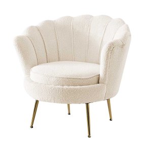 Retrostil Muschelsessel Pocatino in Cremefarben und Gold aus Boucle und Metall – Ansicht 1