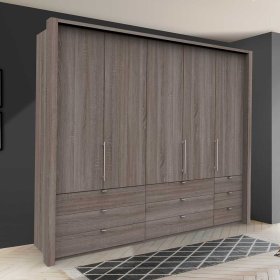Panorama Kleiderschrank Vasilio in Eiche Trüffelfarben mit neun Schubladen – Ansicht 2