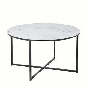 Runder Sofa Tisch Nexter in Weiß marmoriert und Schwarz mit Glasplatte – Ansicht 1