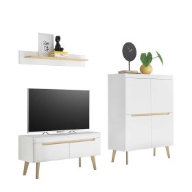 Wohnzimmer Schrankwand Jasturian im Skandi Design mit Holzgestellen (dreiteilig) – Ansicht 1