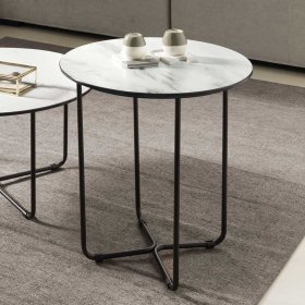 Wohnzimmer Tisch Surie mit Glasplatte in Marmor Optik und Bügelgestell – Ansicht 2